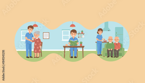 Dedicated caregivers assist elderly people with mobility reading and meals in a residential setting