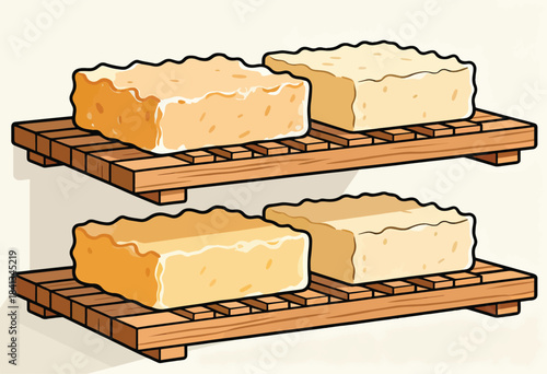 Four rectangular blocks of textured, creamy food displayed on wooden shelves