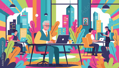 Senior businessman working on laptop in a vibrant colorful modern office with cityscape view Teamwork and productivity