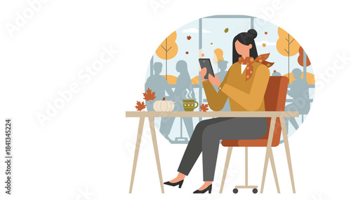 Woman using phone at a cafe table surrounded by autumn decor and fall colors Digital connection