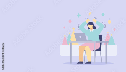 Woman stressed working on laptop during holidays Deadline pressure illustration
