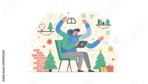 Overwhelmed man multitasking on a tablet during the chaotic Christmas holiday rush