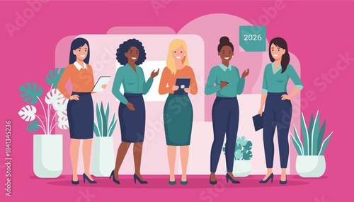 Diverse team of confident businesswomen collaborating Leadership planning success and 2026 goals