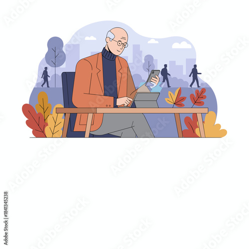 Senior man uses tablet and phone outdoors Business communication and modern aging