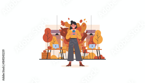 Smiling woman using phone in a cozy modern autumn office Digital communication and seasonal business lifestyle