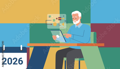 Senior executive analyzes complex data flowchart on tablet for future business planning in 2026