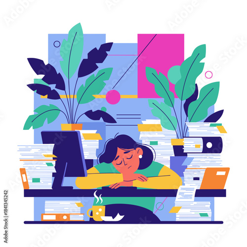 Business burnout Tired employee sleeping on a desk covered in documents