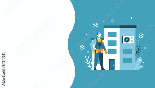 HVAC technician ready for winter repair service Building maintenance flat illustration