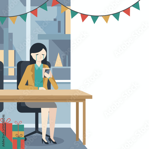 Crying businesswoman at her decorated office desk using phone Stress isolation and burnout concept