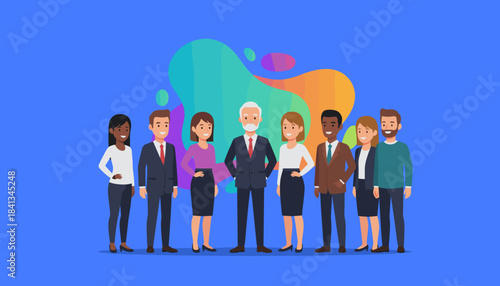 Diverse business team smiling on a colorful fluid background Teamwork leadership and professional group