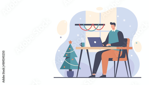 Worker using laptop in a cozy festive office during winter holidays Remote work illustration