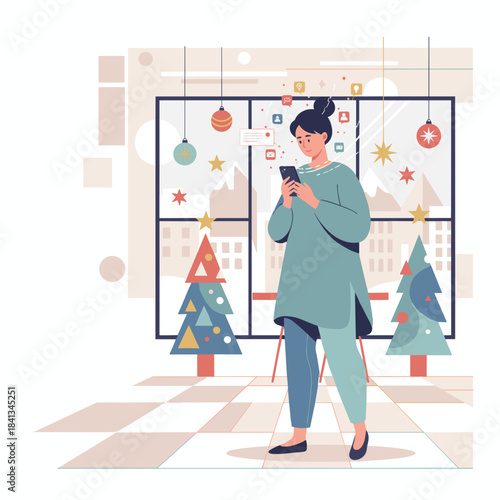 Woman using a smartphone in a festive room engaging in digital communication during the holiday season