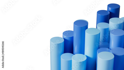 3D render of varying blue cylinders resembling a growth chart. Abstract financial graphic isolated on a white background with copy space