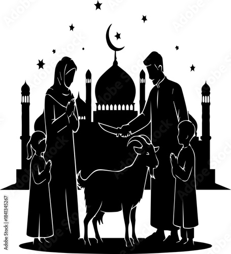 Muslim Family with Goat and Mosque Silhouette Vector Illustration for Eid al-Adha