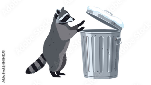 Raccoon standing on hind legs opening a metal trash can with a curious expression