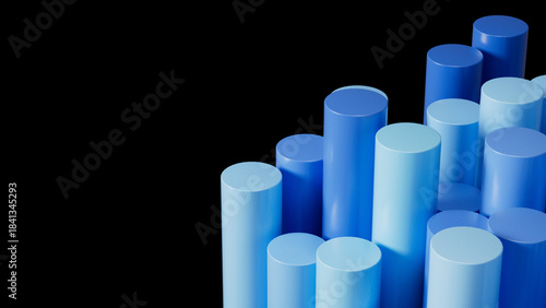3D render of varying blue cylinders resembling a growth chart. Abstract financial graphic isolated on a black background with copy space