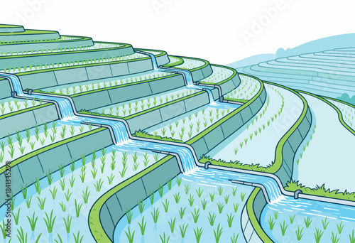Lush green rice terraces with water cascading down, a system of channels
