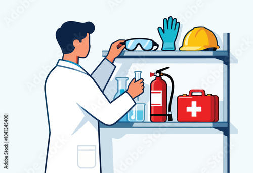 Scientist selects safety goggles from a shelf with lab equipment and safety gear