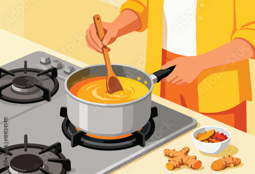 Person stirring a pot of golden liquid on a stove with ginger roots nearby