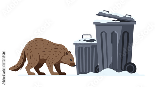 A brown raccoon is sniffing a small and large blue trash can on a