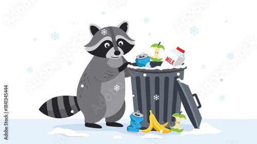 A cartoon raccoon standing next to a trash can on a snowy day with various items scattered around