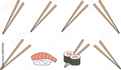 Chopsticks illustration set, sushi and maki rolls, Japanese dining utensils, minimalist food icons, Asian cuisine elements, restaurant artwork collection