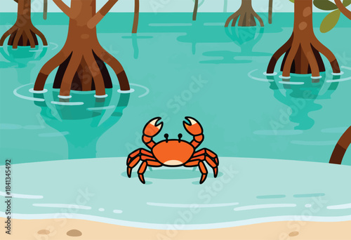 A lone orange crab stands on a sandy shore near mangrove roots in turquoise water