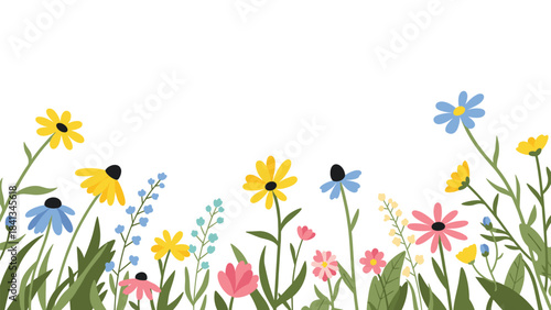 Colorful illustration of various flowers and greenery on for spring or summer design