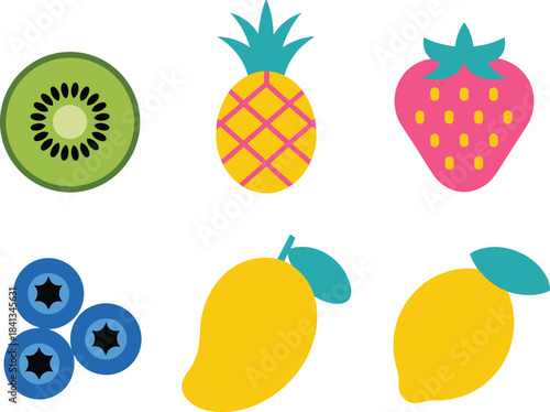 Colorful fruit icons illustration, kiwi pineapple strawberry blueberry mango lemon, flat design healthy food symbols, fresh tropical fruits artwork