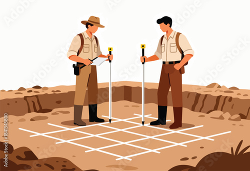 Archaeologists examine grid system during excavation