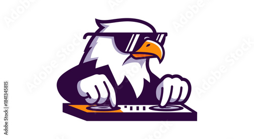 Eagle dj in sunglasses performing on turntables vector illustration isolated