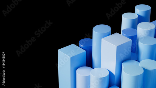3D render of blue cylinders and square pillars resembling a growth chart. Abstract financial graphic isolated on a black background