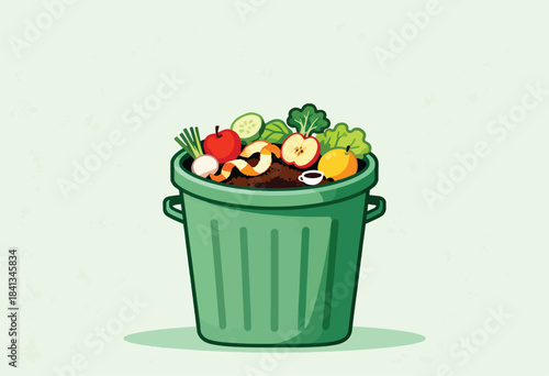 Green bin overflowing with compostable fruits, vegetables, and coffee grounds