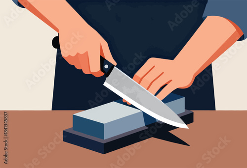 A close-up illustration of hands sharpening a knife on a whetstone