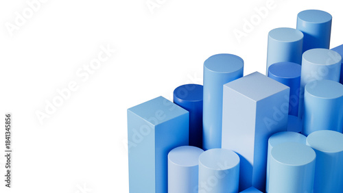 3D render of blue cylinders and square pillars resembling a growth chart. Abstract financial graphic isolated on a white background