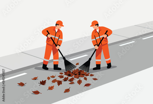 Two individuals in orange uniforms rake fallen leaves on a paved road