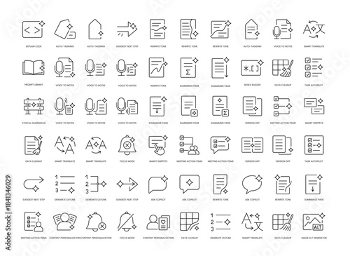 A set of vector icons representing AI productivity and assistant tools, created in line style with editable stroke