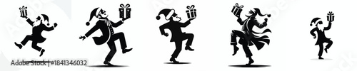vector silhouette of a grandfather dancing happily with a Christmas gift