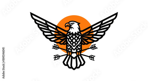 Eagle with spread wings in front of sun and arrows emblem logo design