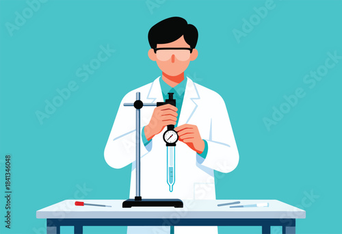 Scientist in lab coat with safety glasses performs titration with burette and test tube