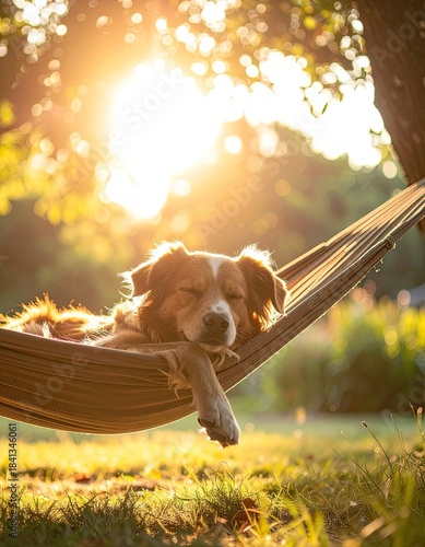 A peaceful, long-haired dog naps soundly in a hammock during a golden hour sunset outdoors.