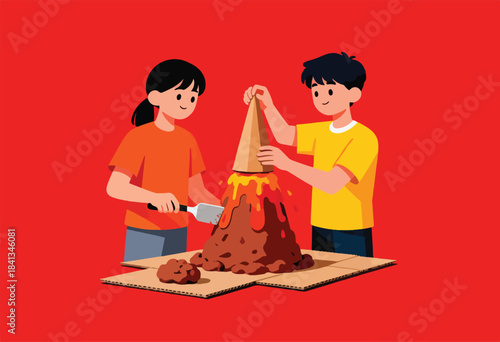 Two children actively engage in a science experiment, constructing a erupting volcano