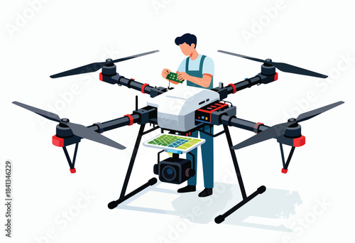 Person assembling a multi-rotor drone with camera and map interface