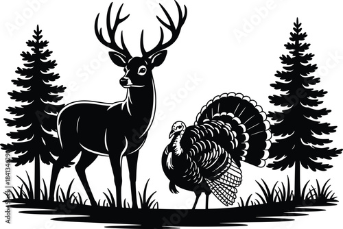 Deer and turkey silhouette illustration, forest wildlife scene, black and white nature art, woodland animals design, hunting themed artwork