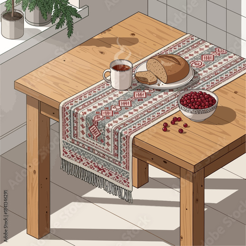 Cozy breakfast scene with bread, berries, and a steaming mug on a wooden table
