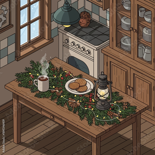 cozy rustic kitchen decorated with holiday greenery and vintage items