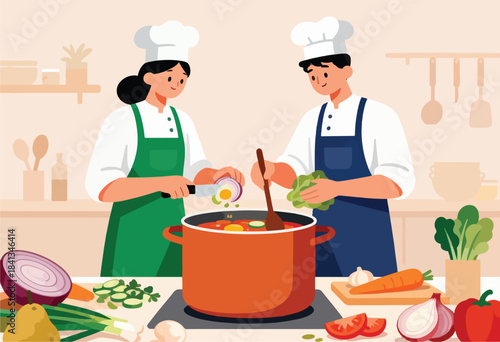 Two chefs in a kitchen prepare a meal, chopping vegetables and stirring a pot