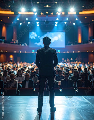 A confident speaker stands on stage facing a large, illuminated audience in a conference hall.