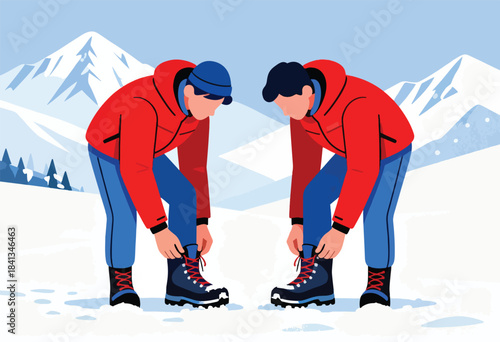 Two individuals in winter attire preparing for an outdoor snowy adventure