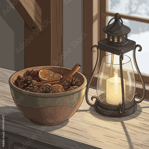 Cozy rustic scene with a bowl of assorted dried fruits and a vintage lantern illuminating the